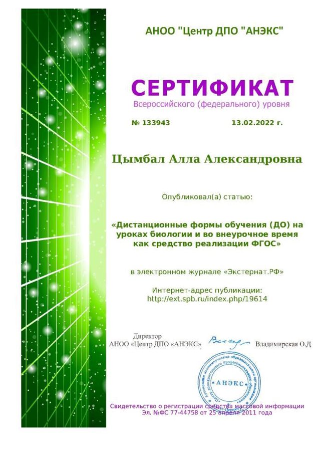 2021-2022 Цымбал А.А. (Сертификат публикация дист обуч)